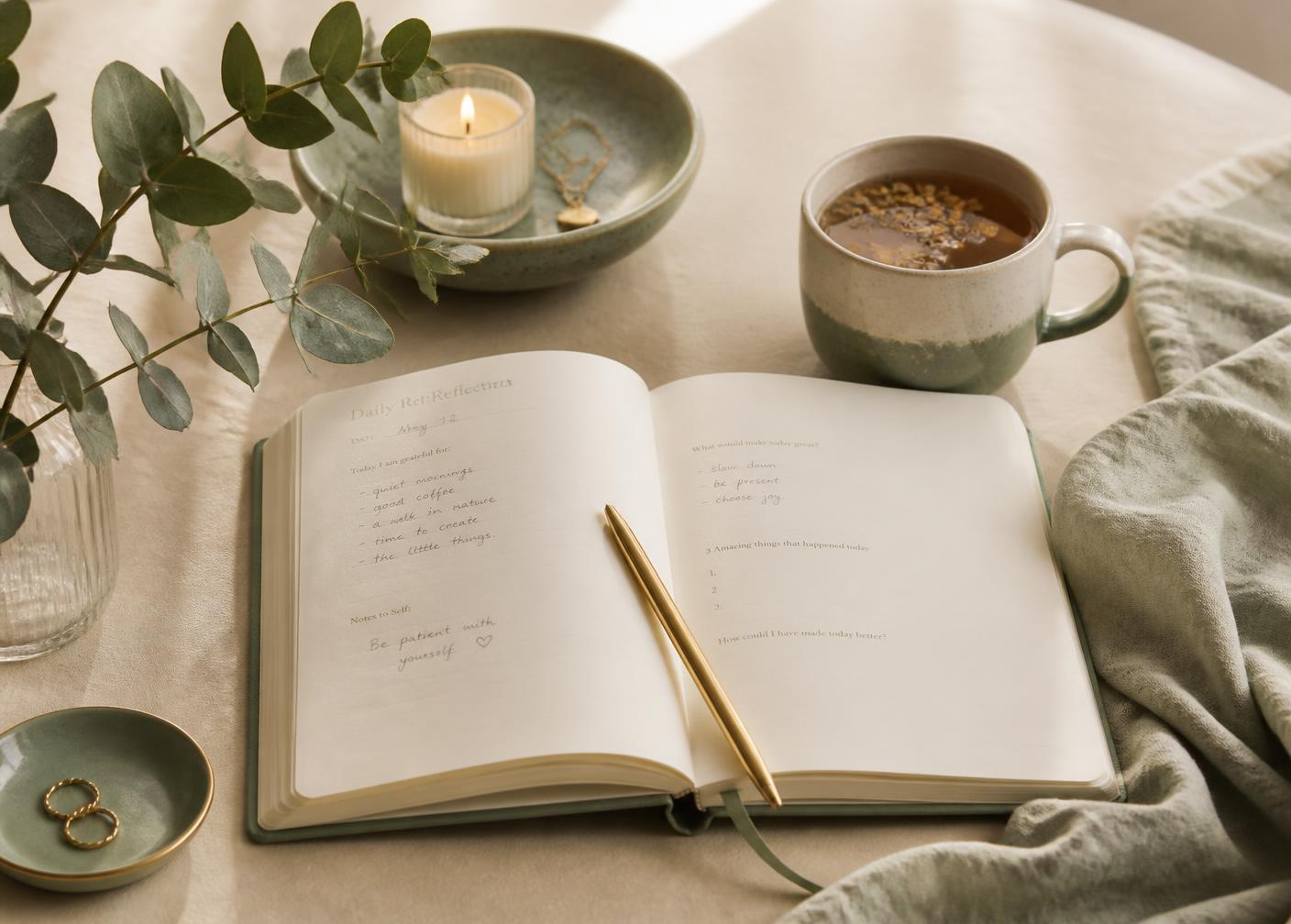 An open reflection journal with a gold pen, herbal tea and eucalyptus on a cream table