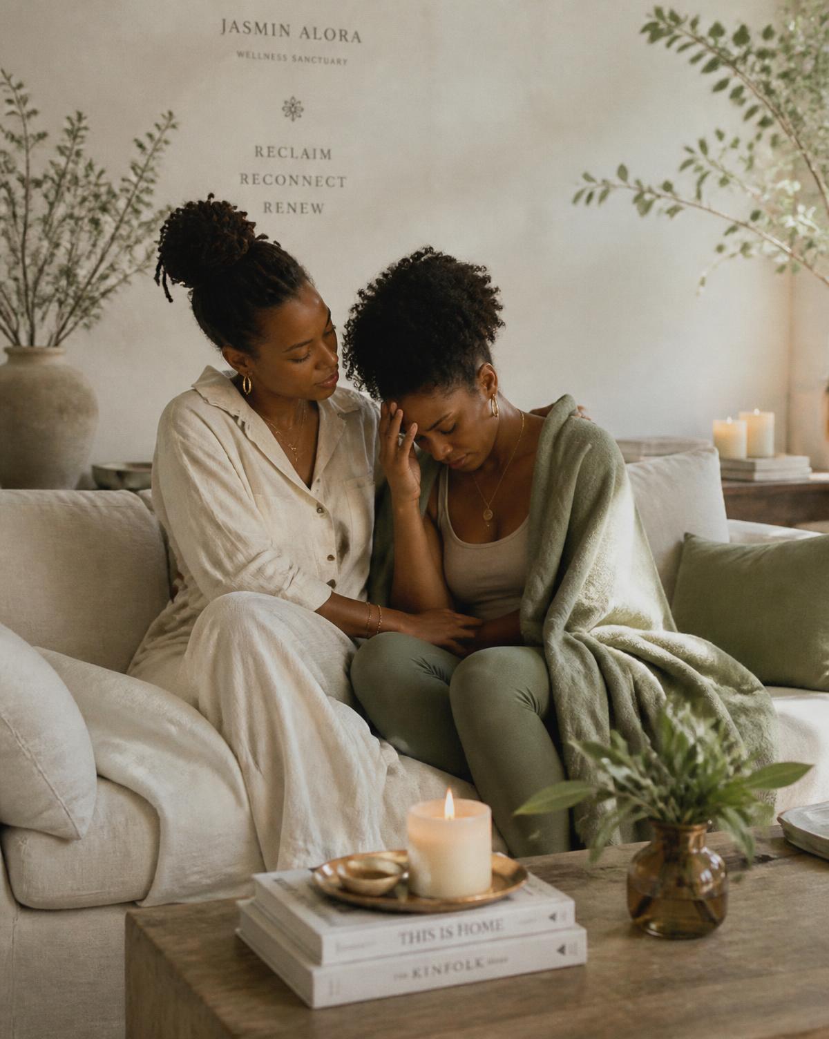 Two women sitting close together on a linen sofa, one comforting the other